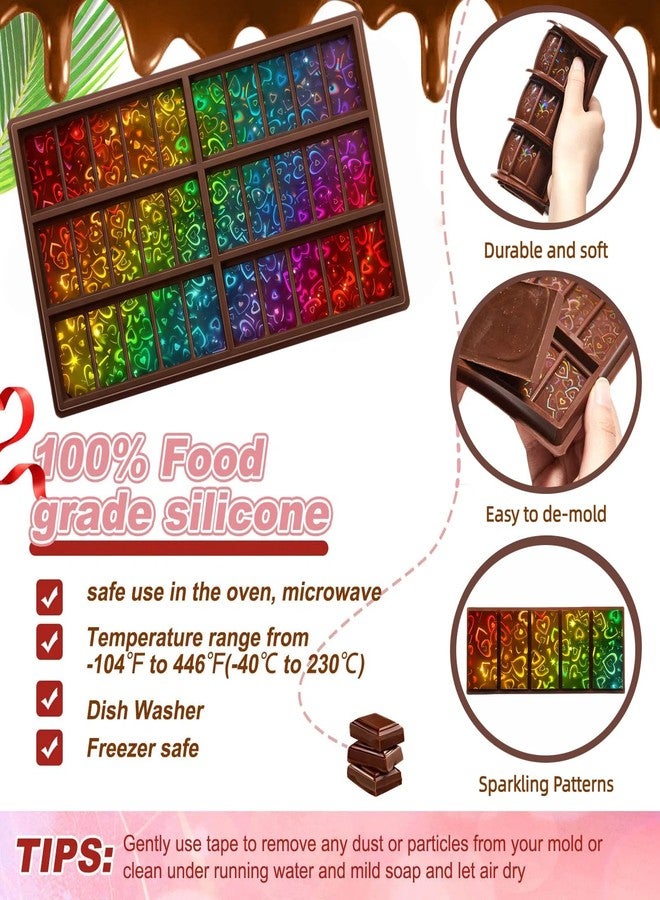 Ziliny 1 Pcs Holographic Chocolate Molds Valentine's Day Resin Silicone Chocolate Bar Deep Thick Molds for Galentine's Day DIY Baking Wax Melts Birthday Party Supplies(Rectangle,Heart) - Image 3